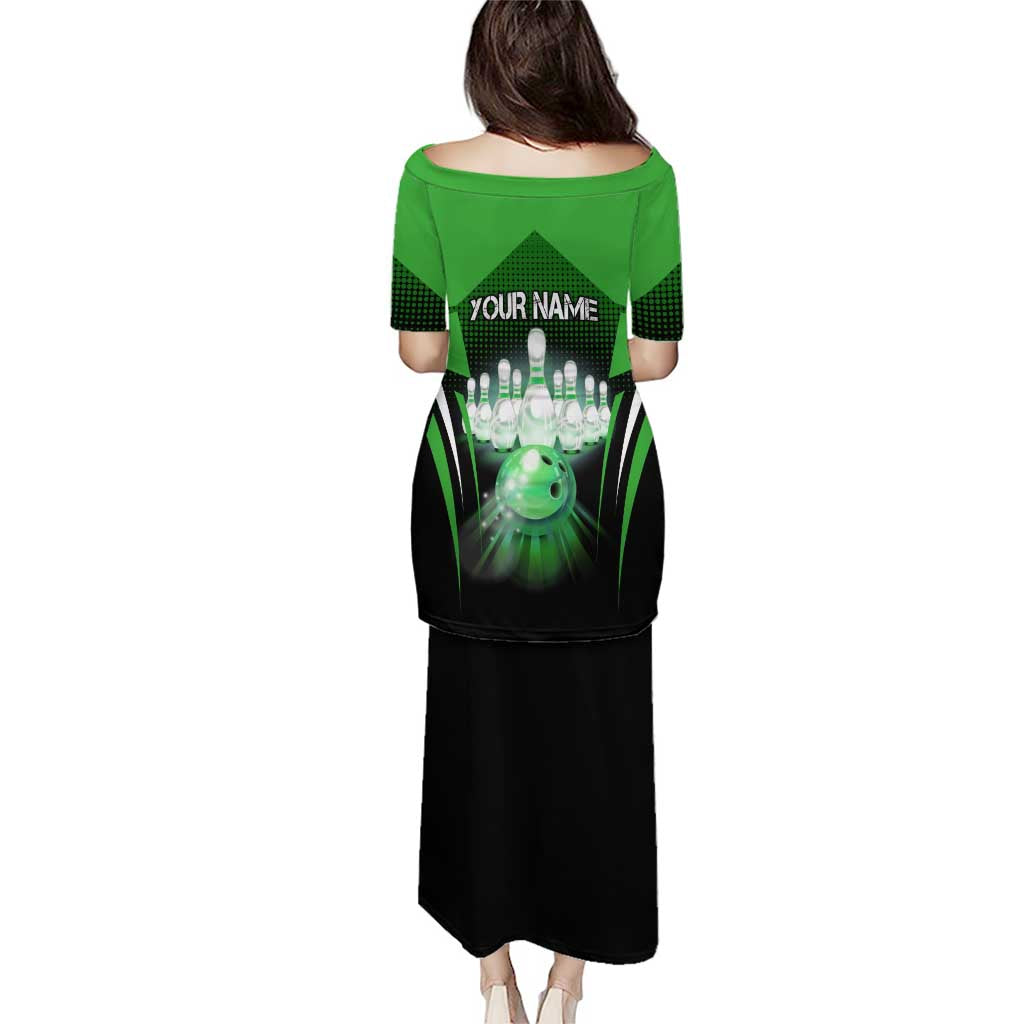 Bowling Team Design Puletasi Green Strike Graphic and Custom Name Shield Accent - Wonder Print Shop