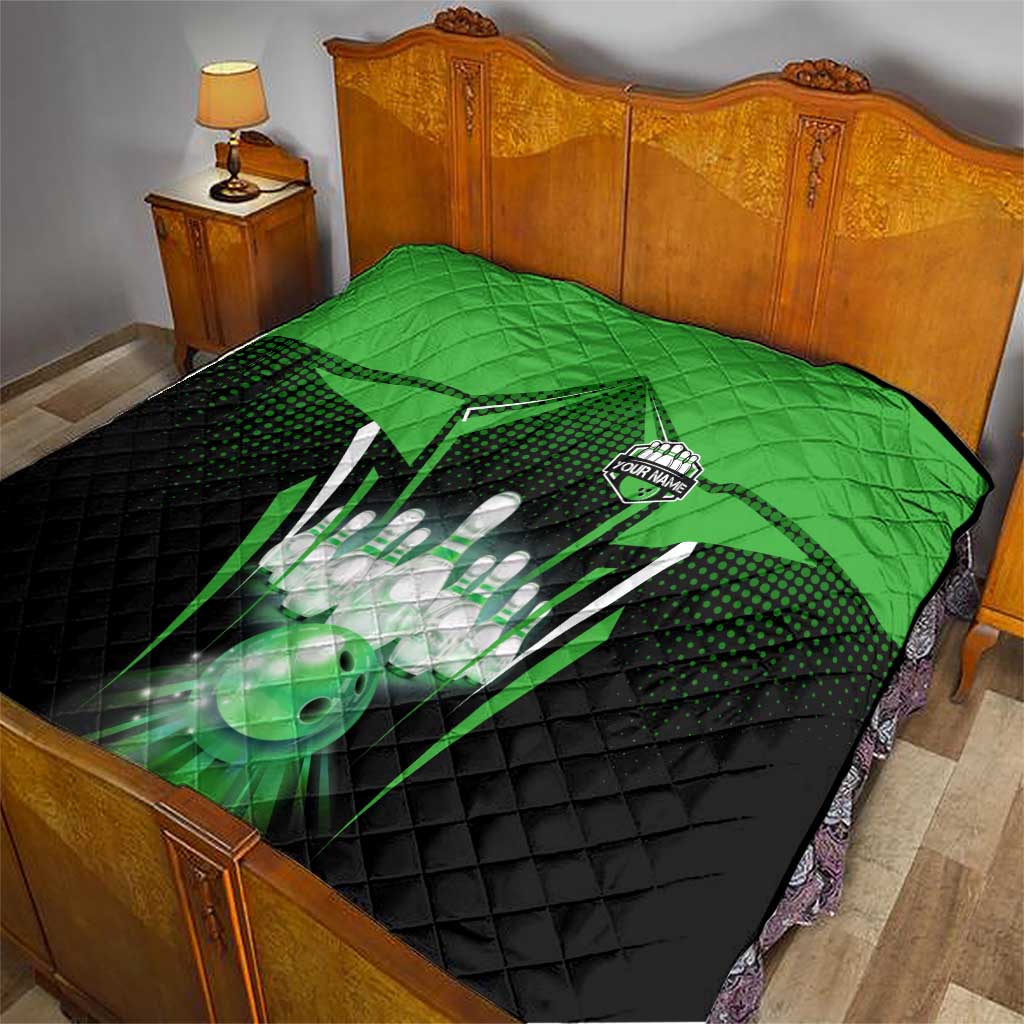 Bowling Team Design Quilt Green Strike Graphic and Custom Name Shield Accent - Wonder Print Shop
