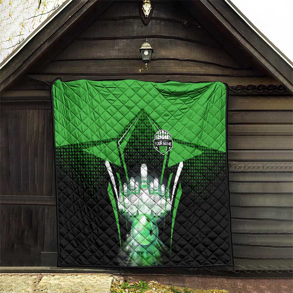 Bowling Team Design Quilt Green Strike Graphic and Custom Name Shield Accent - Wonder Print Shop