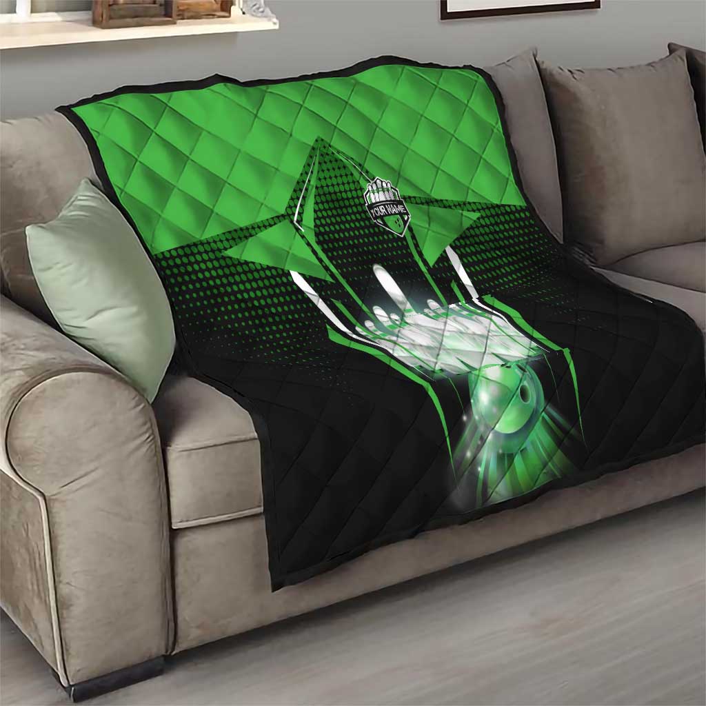 Bowling Team Design Quilt Green Strike Graphic and Custom Name Shield Accent - Wonder Print Shop