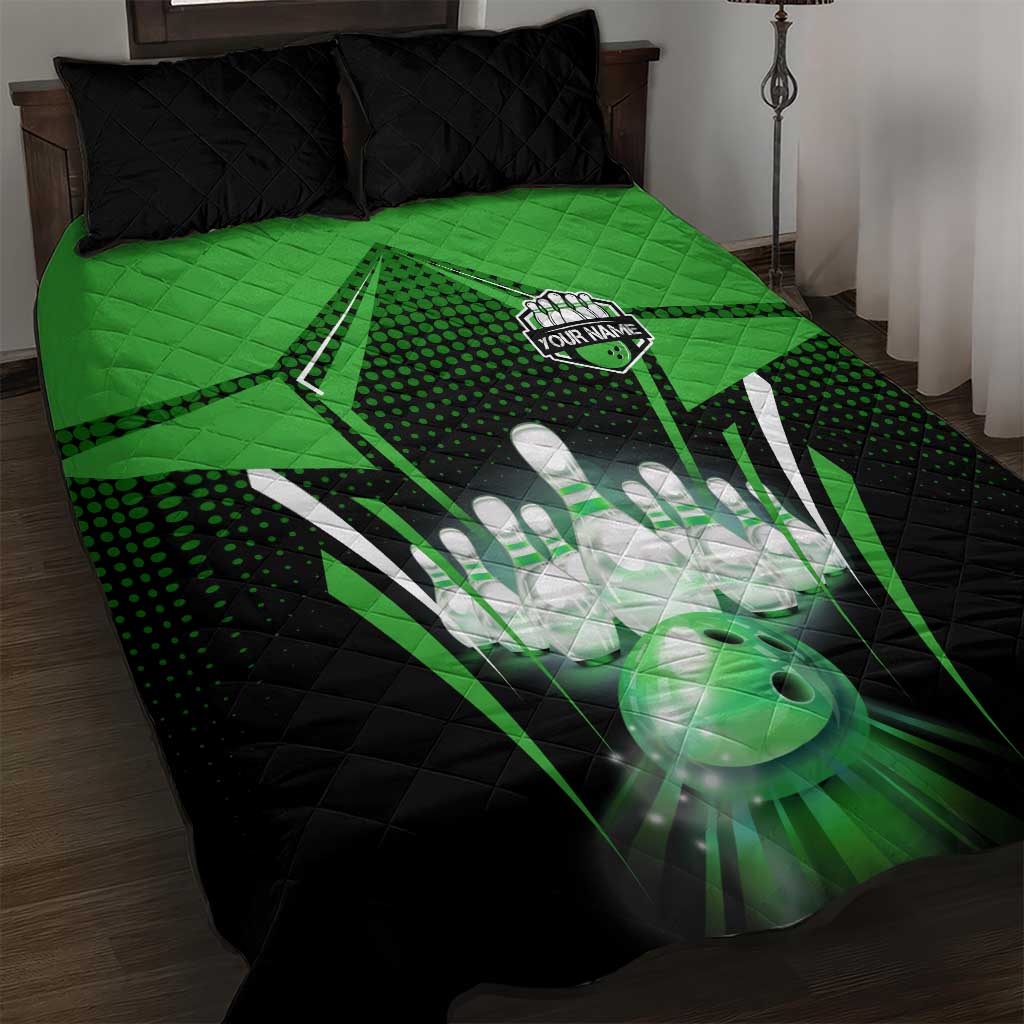 Bowling Team Design Quilt Bed Set Green Strike Graphic and Custom Name Shield Accent - Wonder Print Shop