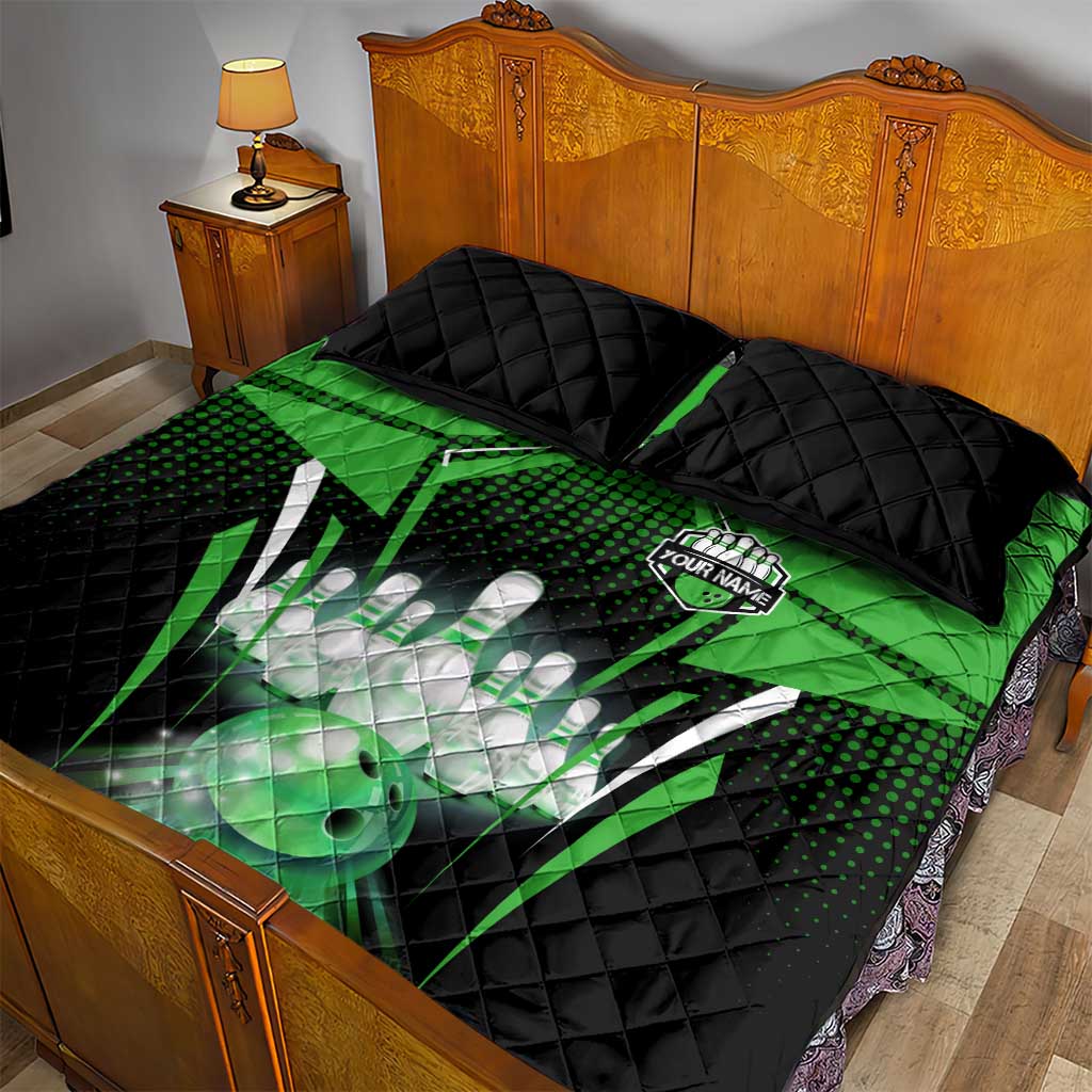 Bowling Team Design Quilt Bed Set Green Strike Graphic and Custom Name Shield Accent - Wonder Print Shop
