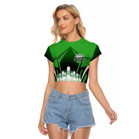 Bowling Team Design Raglan Cropped T Shirt Green Strike Graphic and Custom Name Shield Accent - Wonder Print Shop