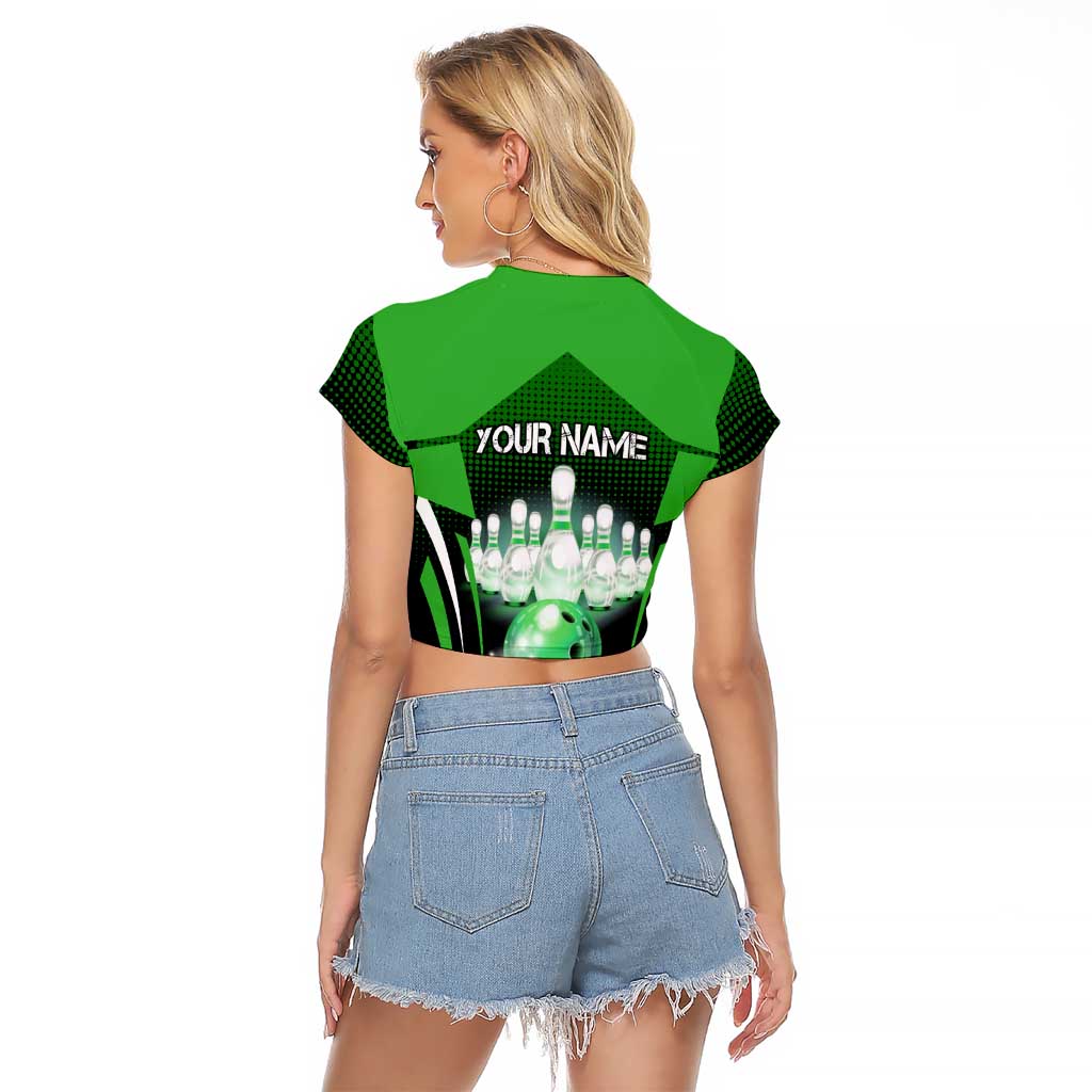 Bowling Team Design Raglan Cropped T Shirt Green Strike Graphic and Custom Name Shield Accent - Wonder Print Shop