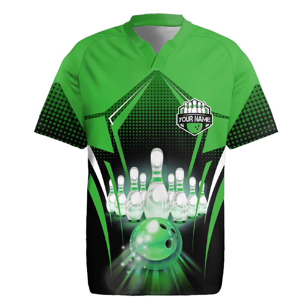Bowling Team Design Rugby Jersey Green Strike Graphic and Custom Name Shield Accent - Wonder Print Shop
