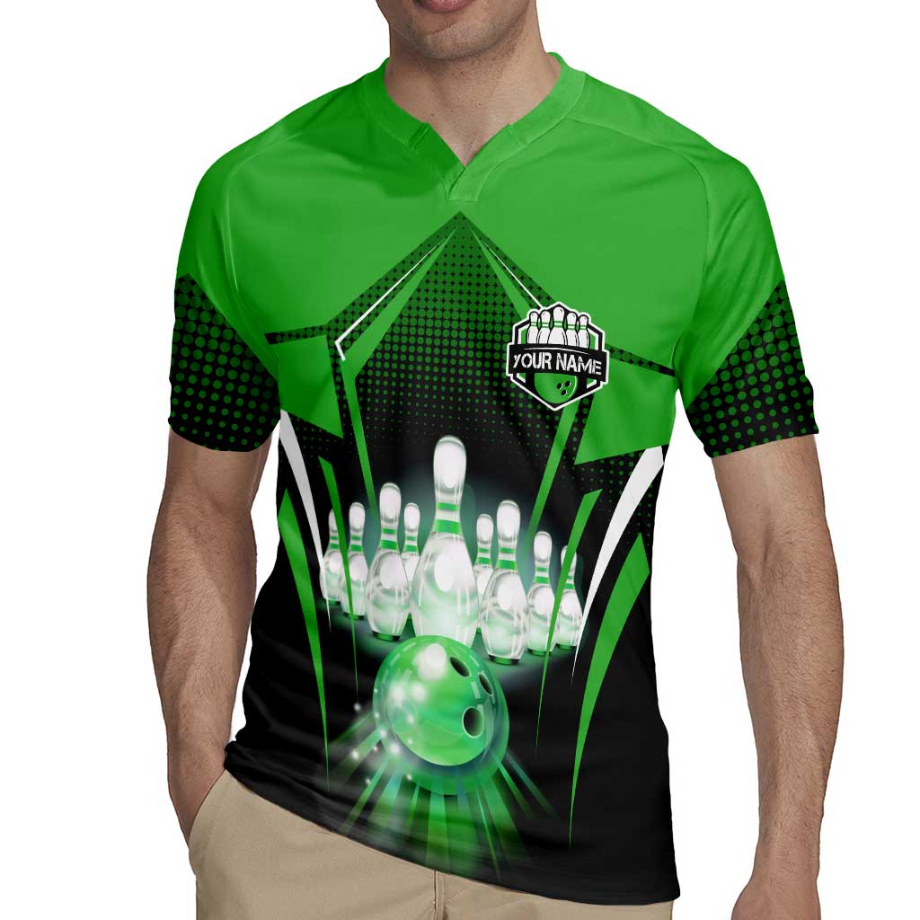 Bowling Team Design Rugby Jersey Green Strike Graphic and Custom Name Shield Accent - Wonder Print Shop