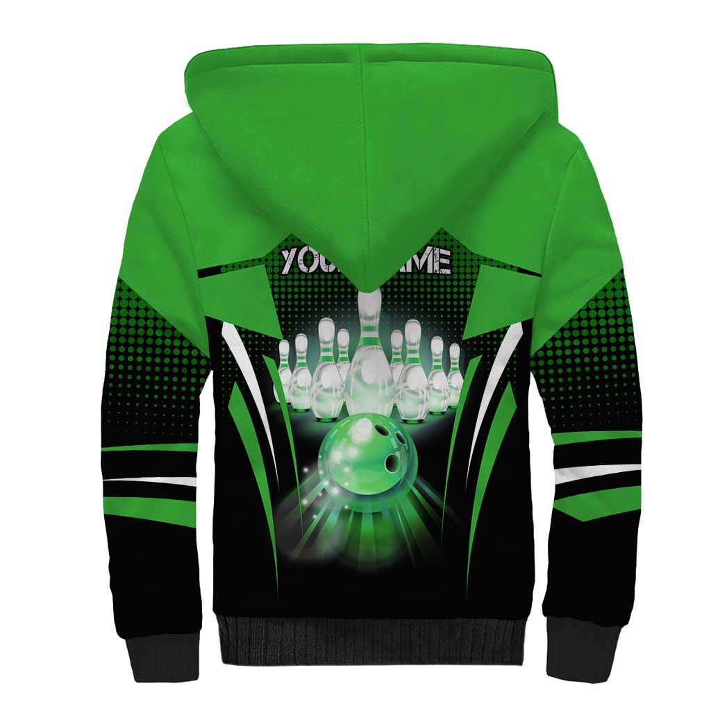 Bowling Team Design Sherpa Hoodie Green Strike Graphic and Custom Name Shield Accent - Wonder Print Shop