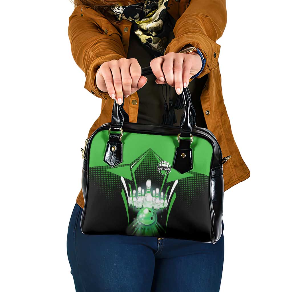 Bowling Team Design Shoulder Handbag Green Strike Graphic and Custom Name Shield Accent - Wonder Print Shop
