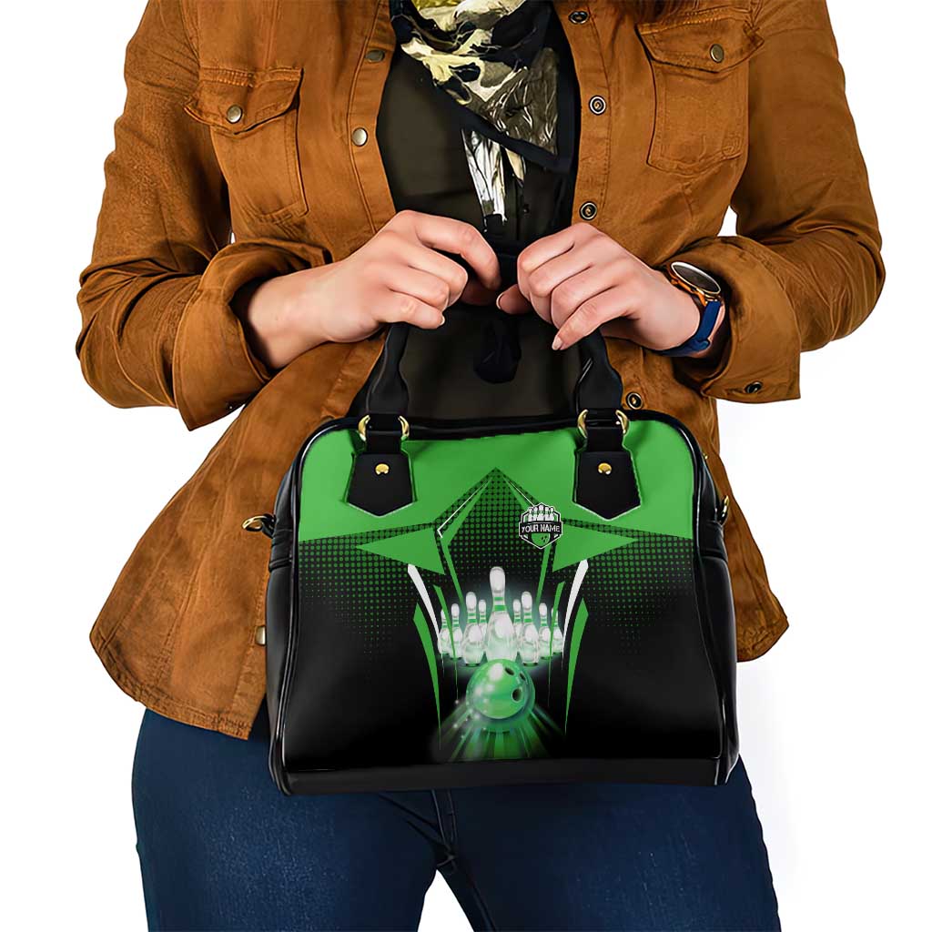 Bowling Team Design Shoulder Handbag Green Strike Graphic and Custom Name Shield Accent - Wonder Print Shop