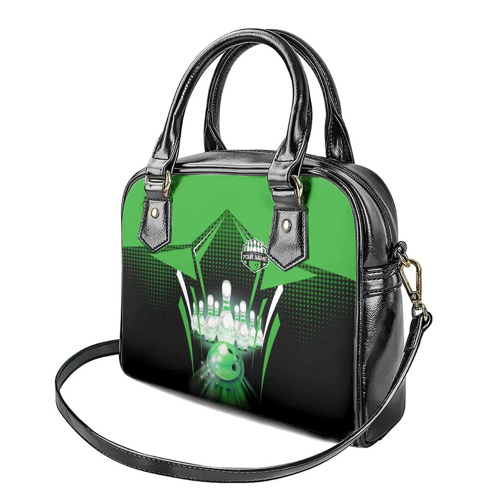 Bowling Team Design Shoulder Handbag Green Strike Graphic and Custom Name Shield Accent - Wonder Print Shop