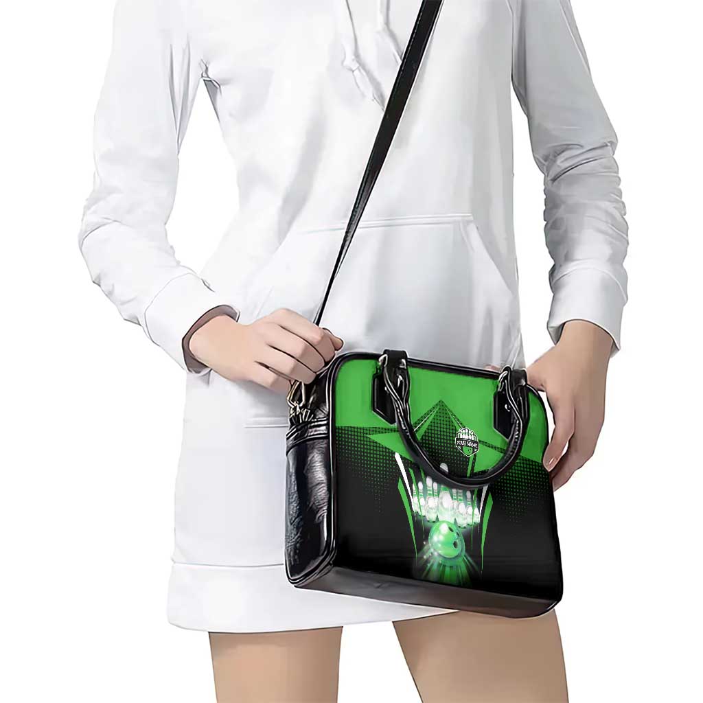 Bowling Team Design Shoulder Handbag Green Strike Graphic and Custom Name Shield Accent - Wonder Print Shop