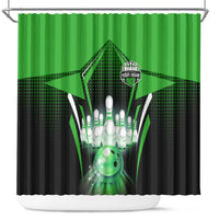 Bowling Team Design Shower Curtain Green Strike Graphic and Custom Name Shield Accent - Wonder Print Shop