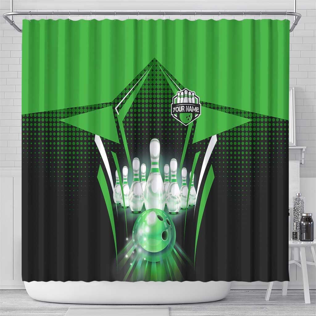 Bowling Team Design Shower Curtain Green Strike Graphic and Custom Name Shield Accent - Wonder Print Shop