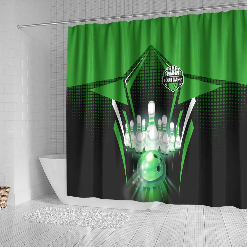 Bowling Team Design Shower Curtain Green Strike Graphic and Custom Name Shield Accent - Wonder Print Shop