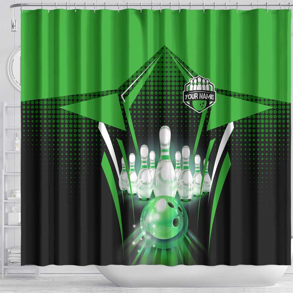 Bowling Team Design Shower Curtain Green Strike Graphic and Custom Name Shield Accent - Wonder Print Shop