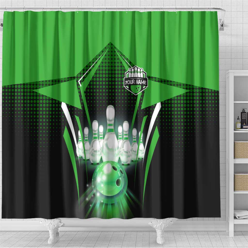Bowling Team Design Shower Curtain Green Strike Graphic and Custom Name Shield Accent - Wonder Print Shop