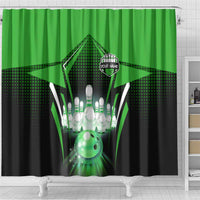 Bowling Team Design Shower Curtain Green Strike Graphic and Custom Name Shield Accent - Wonder Print Shop