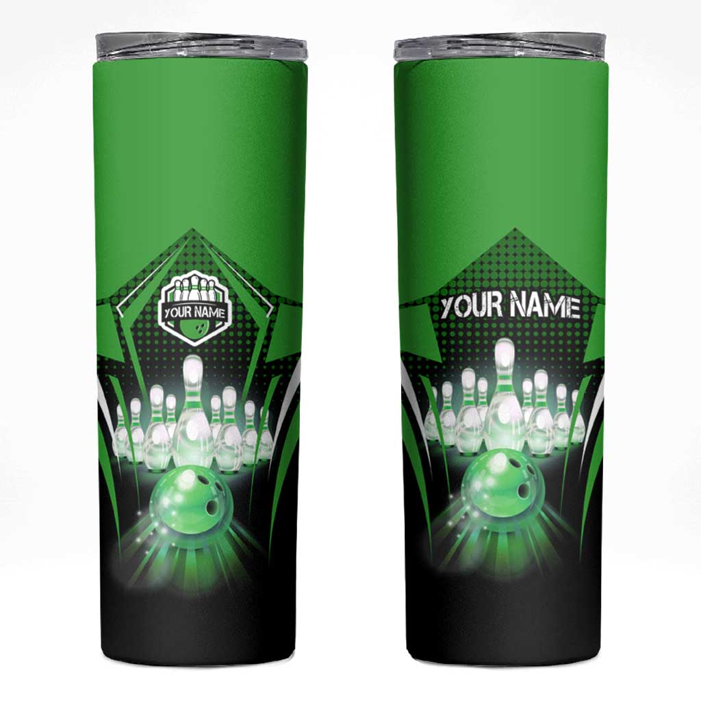 Bowling Team Design Skinny Tumbler Green Strike Graphic and Custom Name Shield Accent - Wonder Print Shop