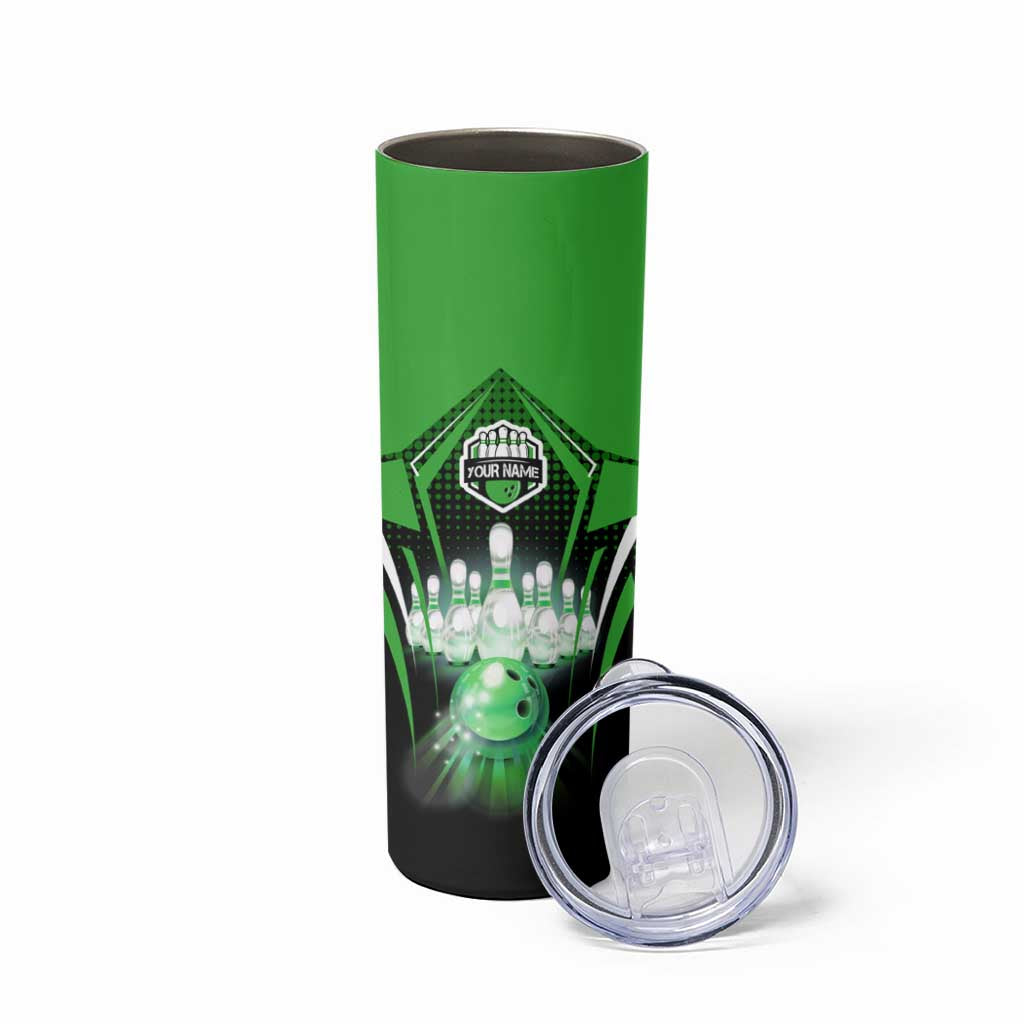 Bowling Team Design Skinny Tumbler Green Strike Graphic and Custom Name Shield Accent - Wonder Print Shop