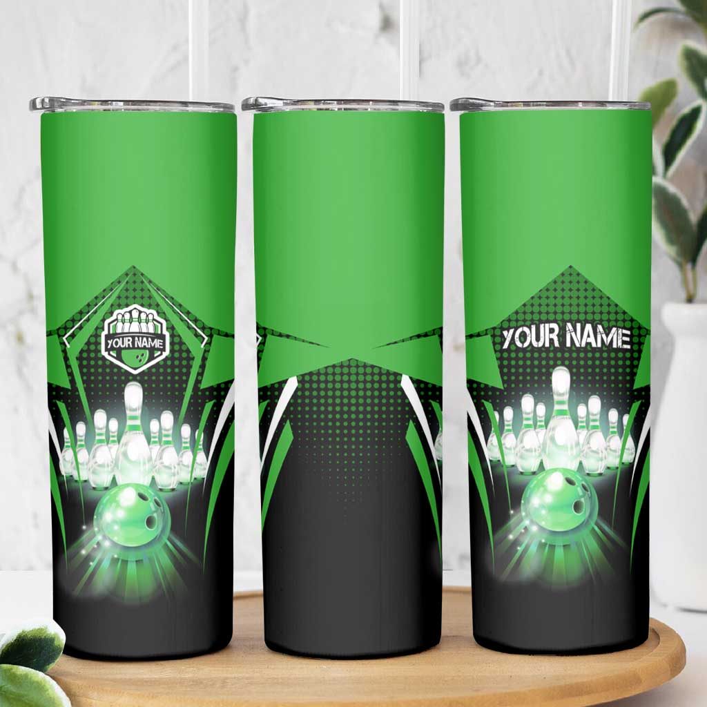 Bowling Team Design Skinny Tumbler Green Strike Graphic and Custom Name Shield Accent - Wonder Print Shop