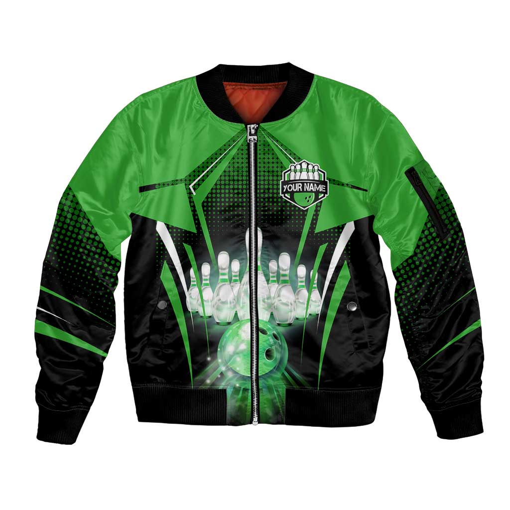 Bowling Team Design Sleeve Zip Bomber Jacket Green Strike Graphic and Custom Name Shield Accent - Wonder Print Shop