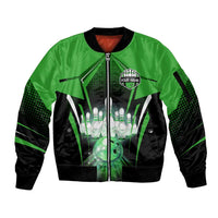 Bowling Team Design Sleeve Zip Bomber Jacket Green Strike Graphic and Custom Name Shield Accent - Wonder Print Shop