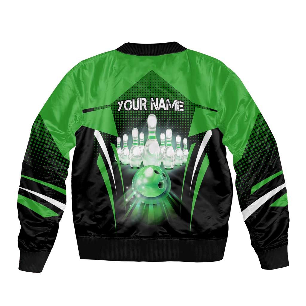 Bowling Team Design Sleeve Zip Bomber Jacket Green Strike Graphic and Custom Name Shield Accent - Wonder Print Shop