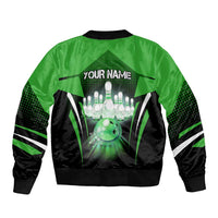 Bowling Team Design Sleeve Zip Bomber Jacket Green Strike Graphic and Custom Name Shield Accent - Wonder Print Shop