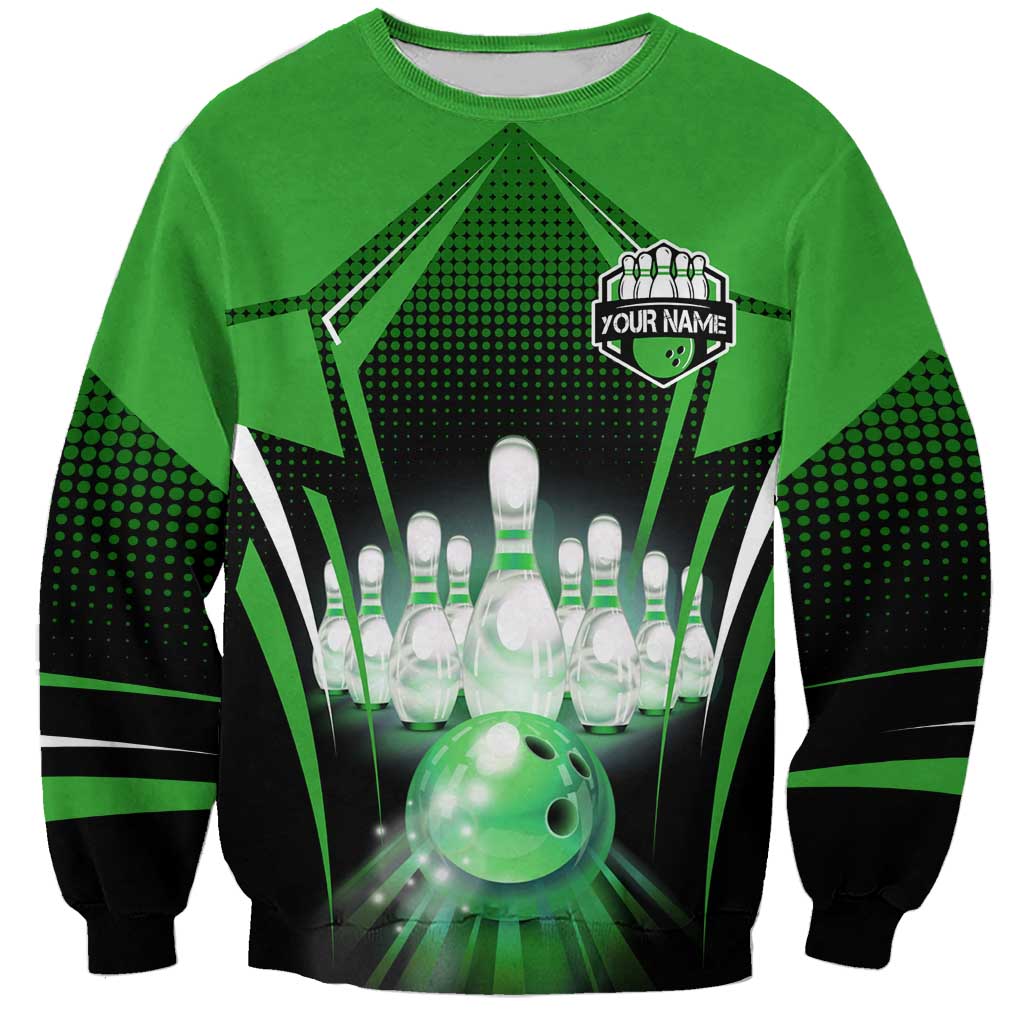Bowling Team Design Sweatshirt Green Strike Graphic and Custom Name Shield Accent - Wonder Print Shop