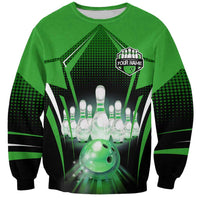 Bowling Team Design Sweatshirt Green Strike Graphic and Custom Name Shield Accent - Wonder Print Shop