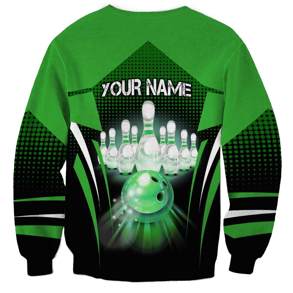 Bowling Team Design Sweatshirt Green Strike Graphic and Custom Name Shield Accent - Wonder Print Shop