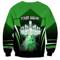 Bowling Team Design Sweatshirt Green Strike Graphic and Custom Name Shield Accent - Wonder Print Shop