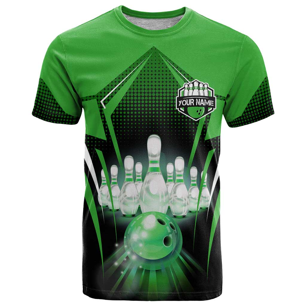 Bowling Team Design T Shirt Green Strike Graphic and Custom Name Shield Accent - Wonder Print Shop