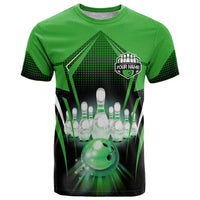 Bowling Team Design T Shirt Green Strike Graphic and Custom Name Shield Accent - Wonder Print Shop