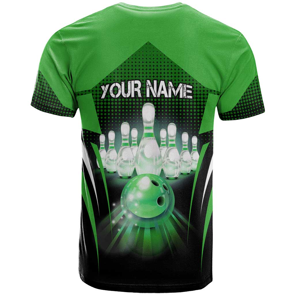 Bowling Team Design T Shirt Green Strike Graphic and Custom Name Shield Accent - Wonder Print Shop