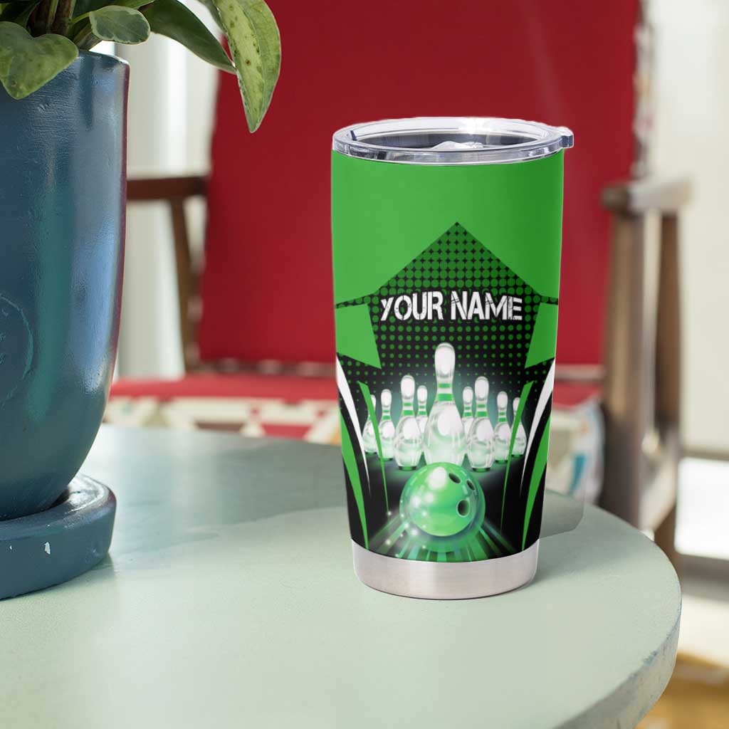 Bowling Team Design Tumbler Cup Green Strike Graphic and Custom Name Shield Accent - Wonder Print Shop