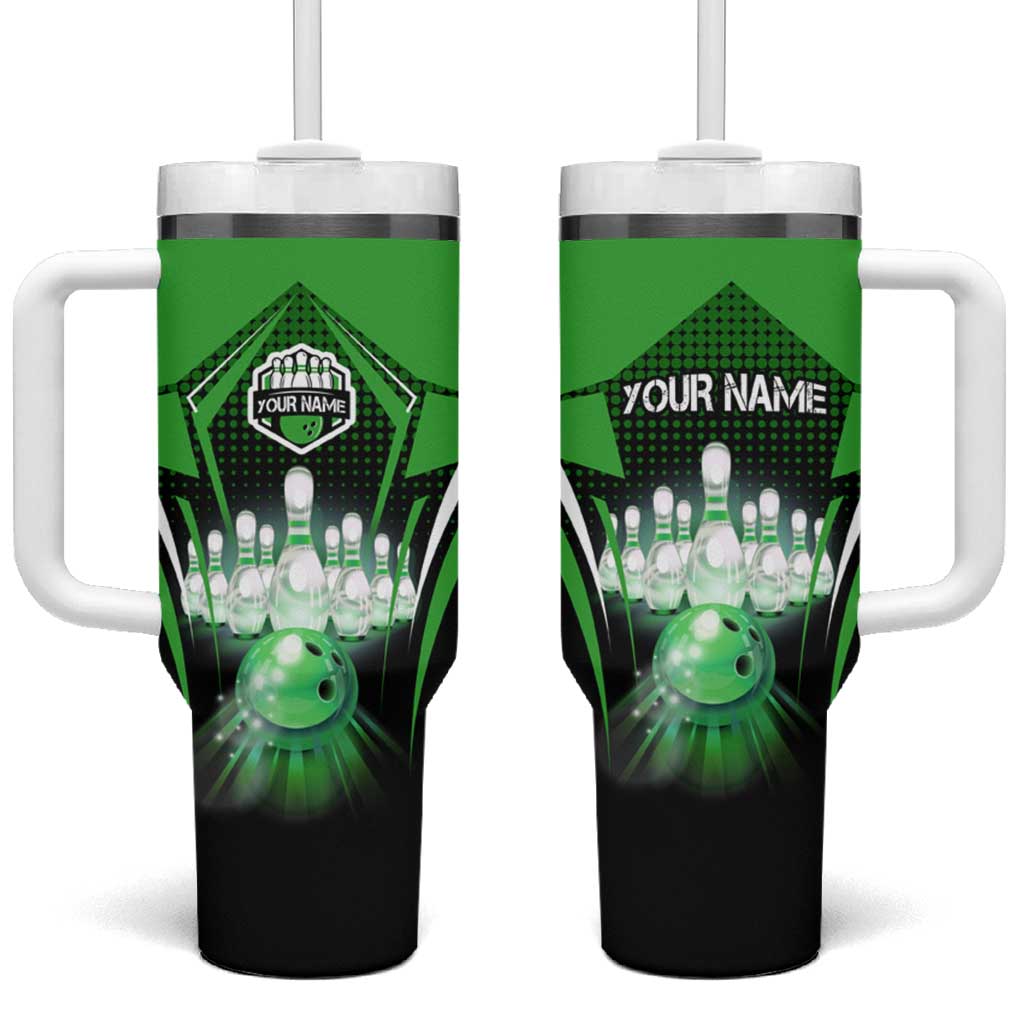 Bowling Team Design Tumbler With Handle Green Strike Graphic and Custom Name Shield Accent - Wonder Print Shop