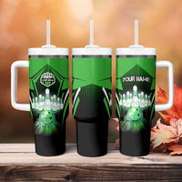 Bowling Team Design Tumbler With Handle Green Strike Graphic and Custom Name Shield Accent - Wonder Print Shop