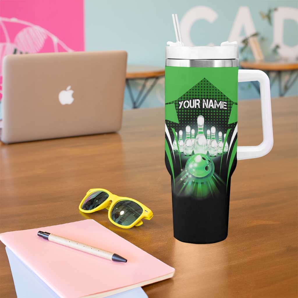 Bowling Team Design Tumbler With Handle Green Strike Graphic and Custom Name Shield Accent - Wonder Print Shop