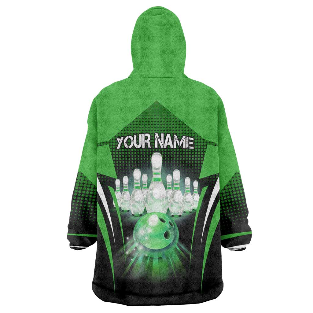Bowling Team Design Wearable Blanket Hoodie Green Strike Graphic and Custom Name Shield Accent - Wonder Print Shop