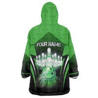Bowling Team Design Wearable Blanket Hoodie Green Strike Graphic and Custom Name Shield Accent - Wonder Print Shop