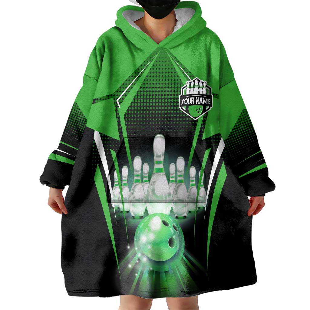 Bowling Team Design Wearable Blanket Hoodie Green Strike Graphic and Custom Name Shield Accent - Wonder Print Shop