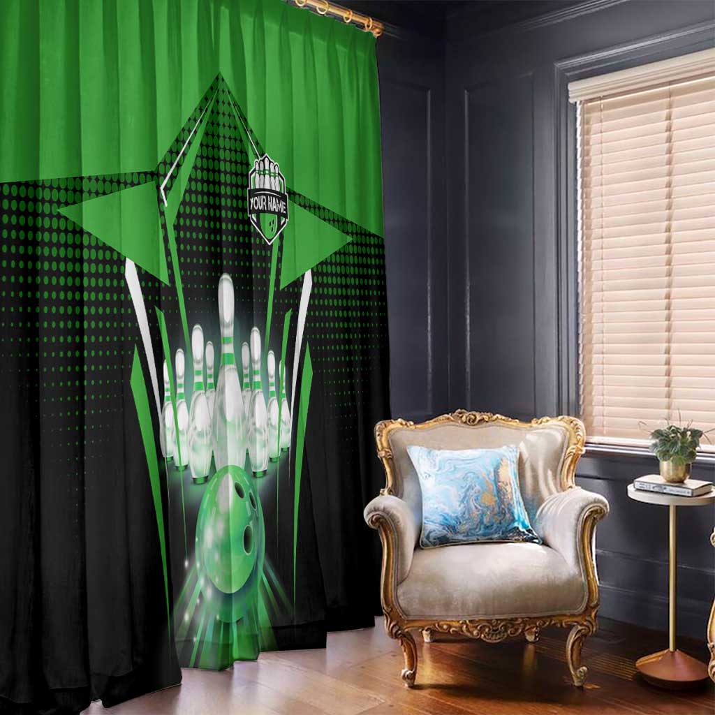 Bowling Team Design Window Curtain Green Strike Graphic and Custom Name Shield Accent - Wonder Print Shop