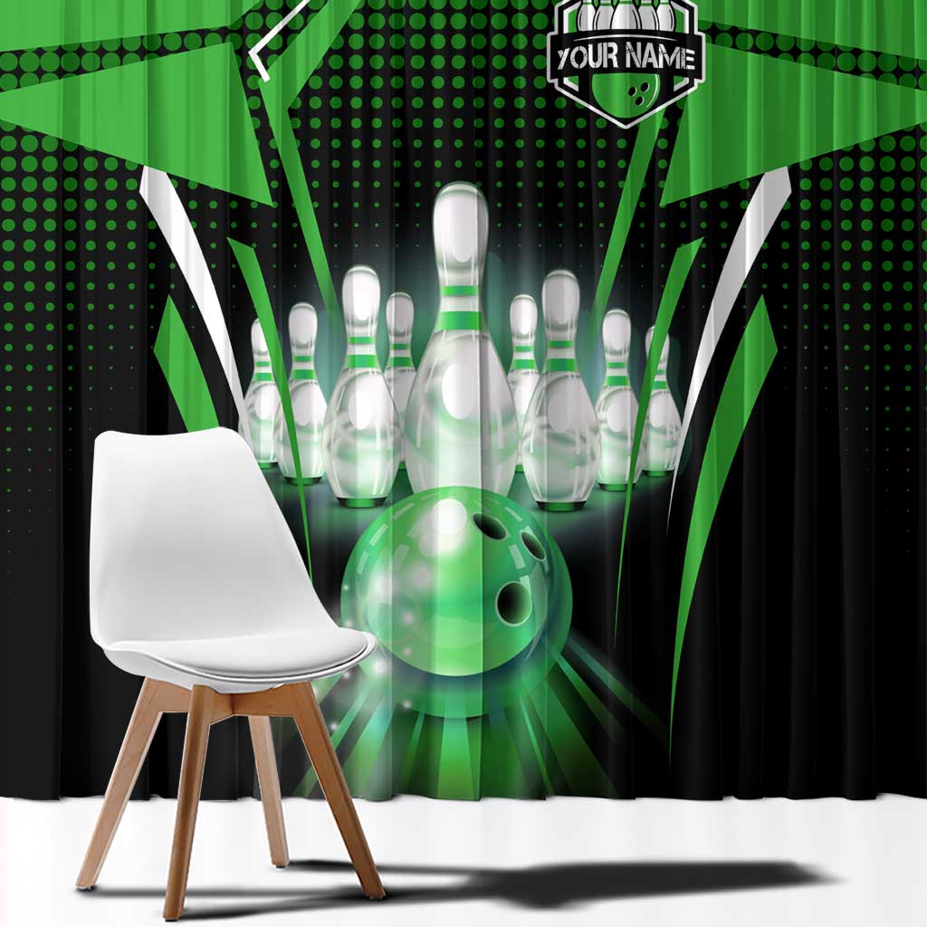 Bowling Team Design Window Curtain Green Strike Graphic and Custom Name Shield Accent - Wonder Print Shop