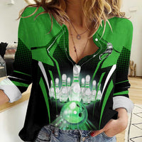 Bowling Team Design Women Casual Shirt Green Strike Graphic and Custom Name Shield Accent - Wonder Print Shop