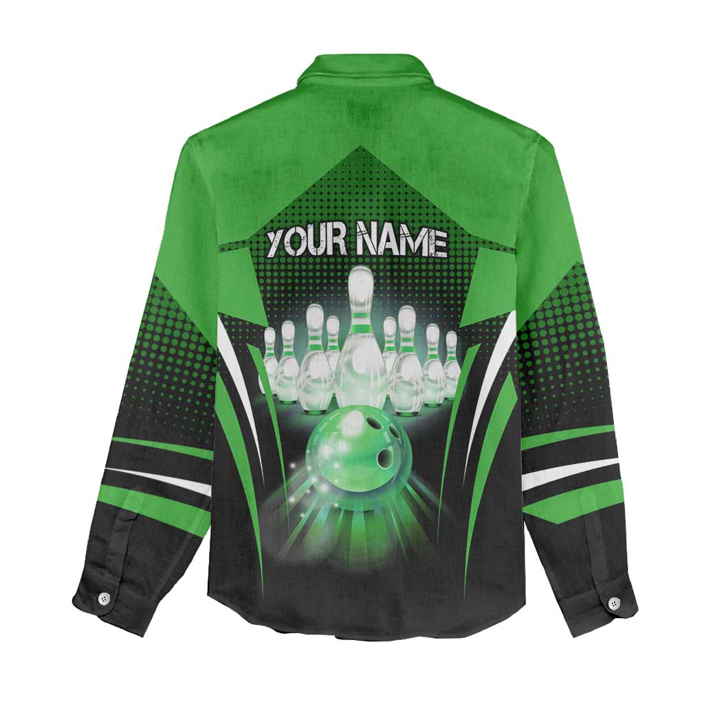 Bowling Team Design Women Casual Shirt Green Strike Graphic and Custom Name Shield Accent - Wonder Print Shop