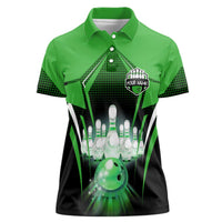 Bowling Team Design Women Polo Shirt Green Strike Graphic and Custom Name Shield Accent - Wonder Print Shop