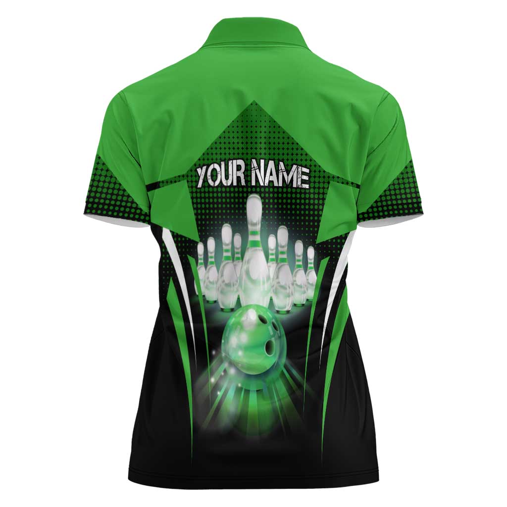 Bowling Team Design Women Polo Shirt Green Strike Graphic and Custom Name Shield Accent - Wonder Print Shop
