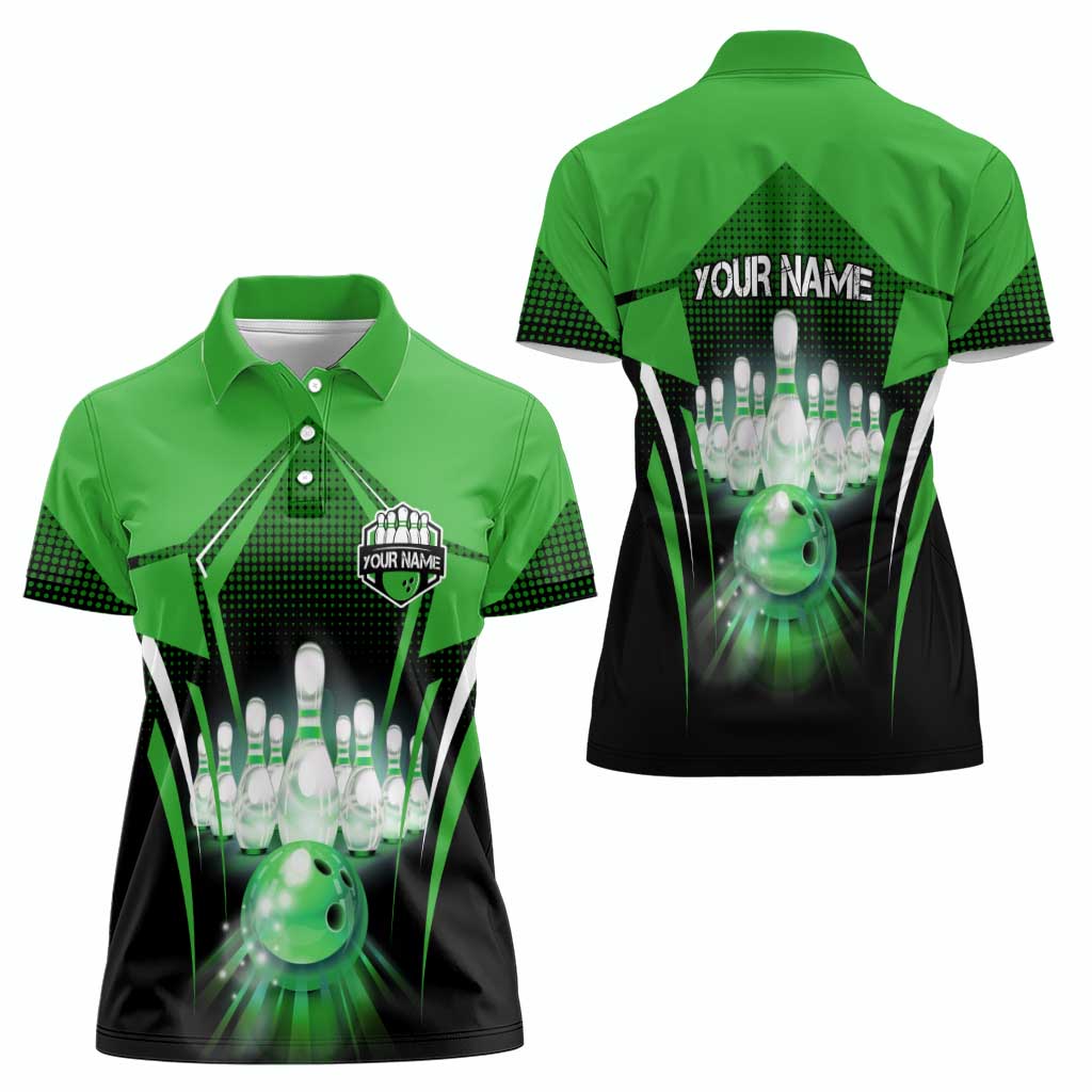Bowling Team Design Women Polo Shirt Green Strike Graphic and Custom Name Shield Accent - Wonder Print Shop