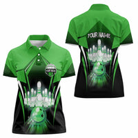Bowling Team Design Women Polo Shirt Green Strike Graphic and Custom Name Shield Accent - Wonder Print Shop